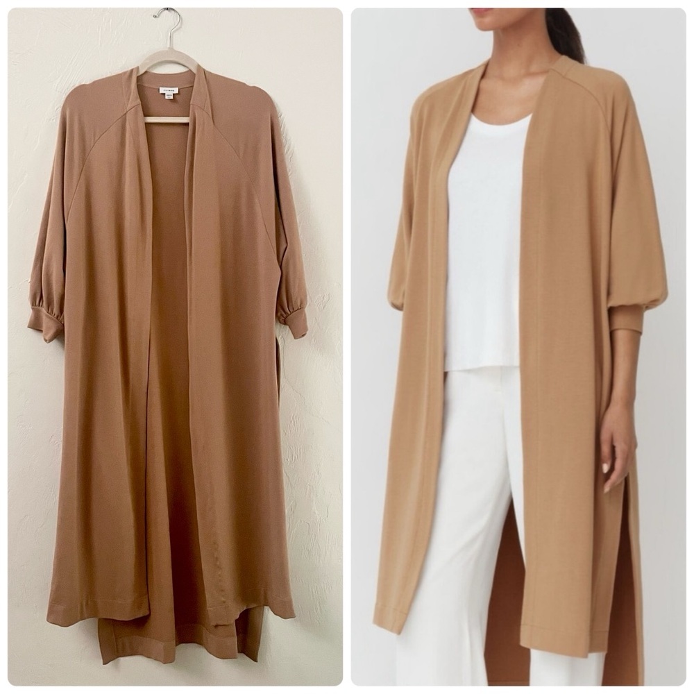 Cuyana S/M French‎ Terry Long-line Split Sides Open Front Cardigan in Camel Tan